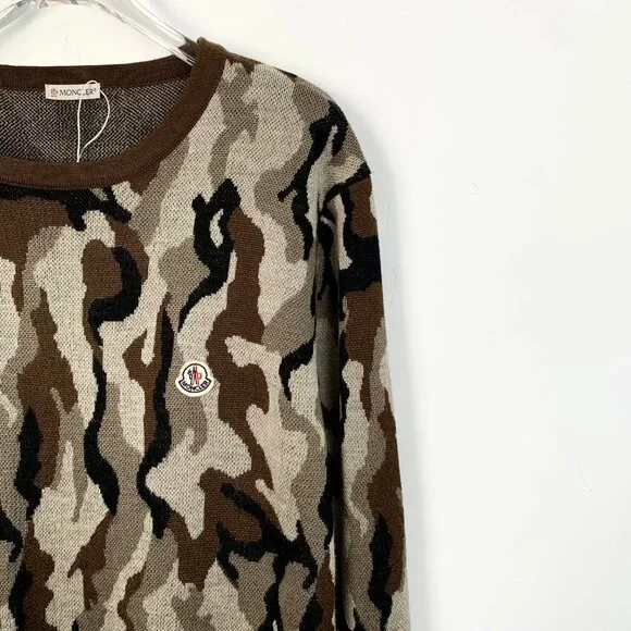 H13278 Moncler Camouflage Cotton Logo Patch Crewneck Long Sleeve Sweater Size XX